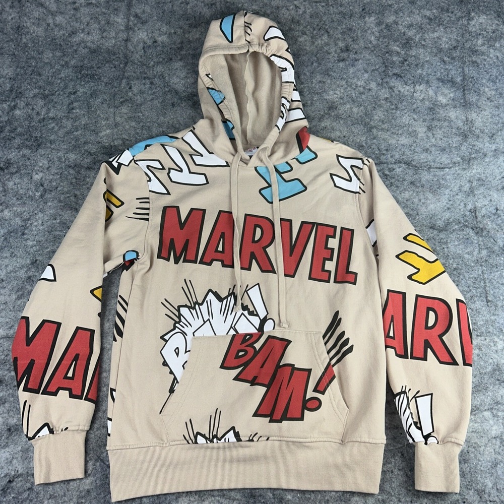 Marvel Hoodie Sweatshirt Mens Small Tan Graphic All Over Print Pullover Cartoon